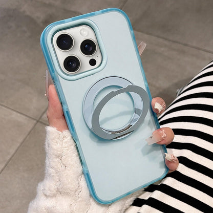 For iPhone 15 Pro Dual-Color Translucent Matte Magnetic Phone Case with Foldable Metal Holder - Blue - EDA009949908A