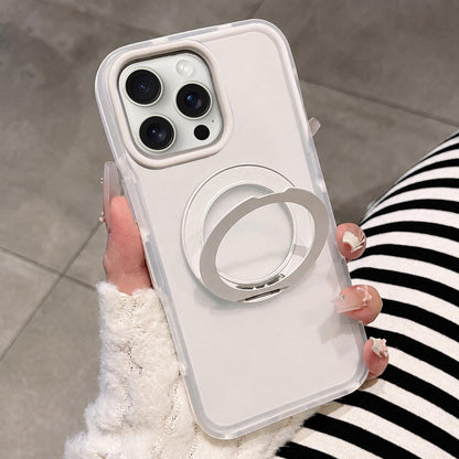 For iPhone 15 Pro Dual-Color Translucent Matte Magnetic Phone Case with Foldable Metal Holder - White - EDA009949908C