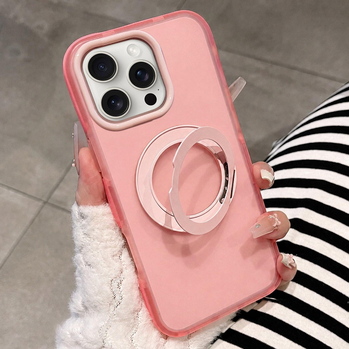For iPhone 15 Pro Dual-Color Translucent Matte Magnetic Phone Case with Foldable Metal Holder - Pink - EDA009949908D