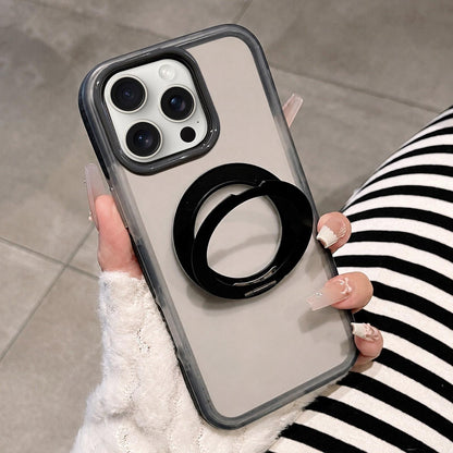 For iPhone 15 Pro Dual-Color Translucent Matte Magnetic Phone Case with Foldable Metal Holder - Black - EDA009949908F