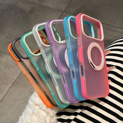 For iPhone 17 Dual-Color Translucent Matte Magnetic Phone Case with Foldable Metal Holder - White - EDA009949903C