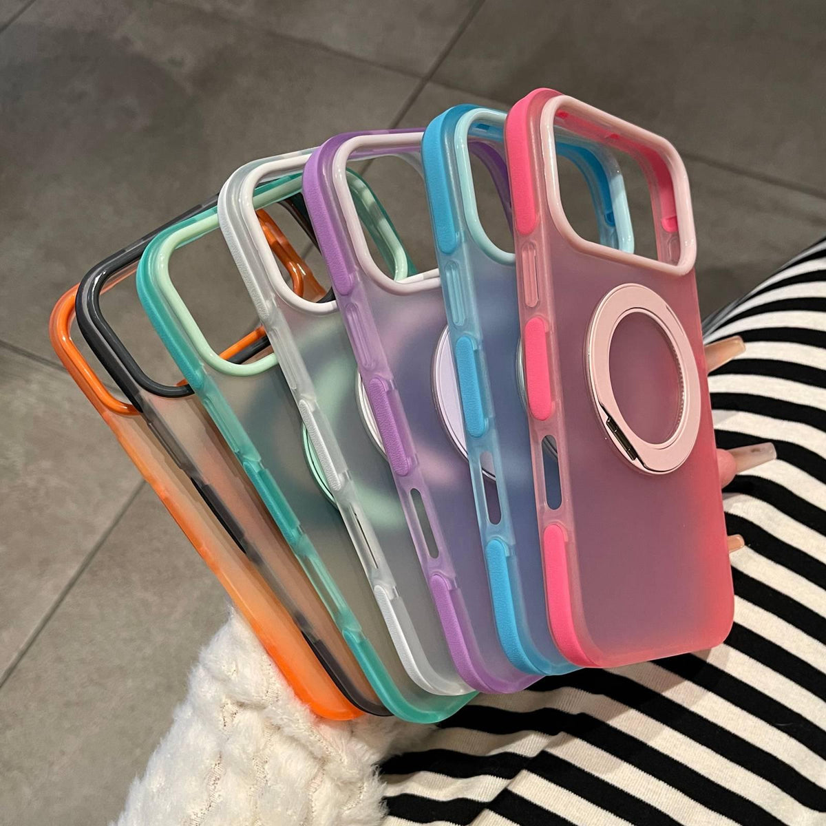 For iPhone 15 Pro Dual-Color Translucent Matte Magnetic Phone Case with Foldable Metal Holder - Black - EDA009949908F