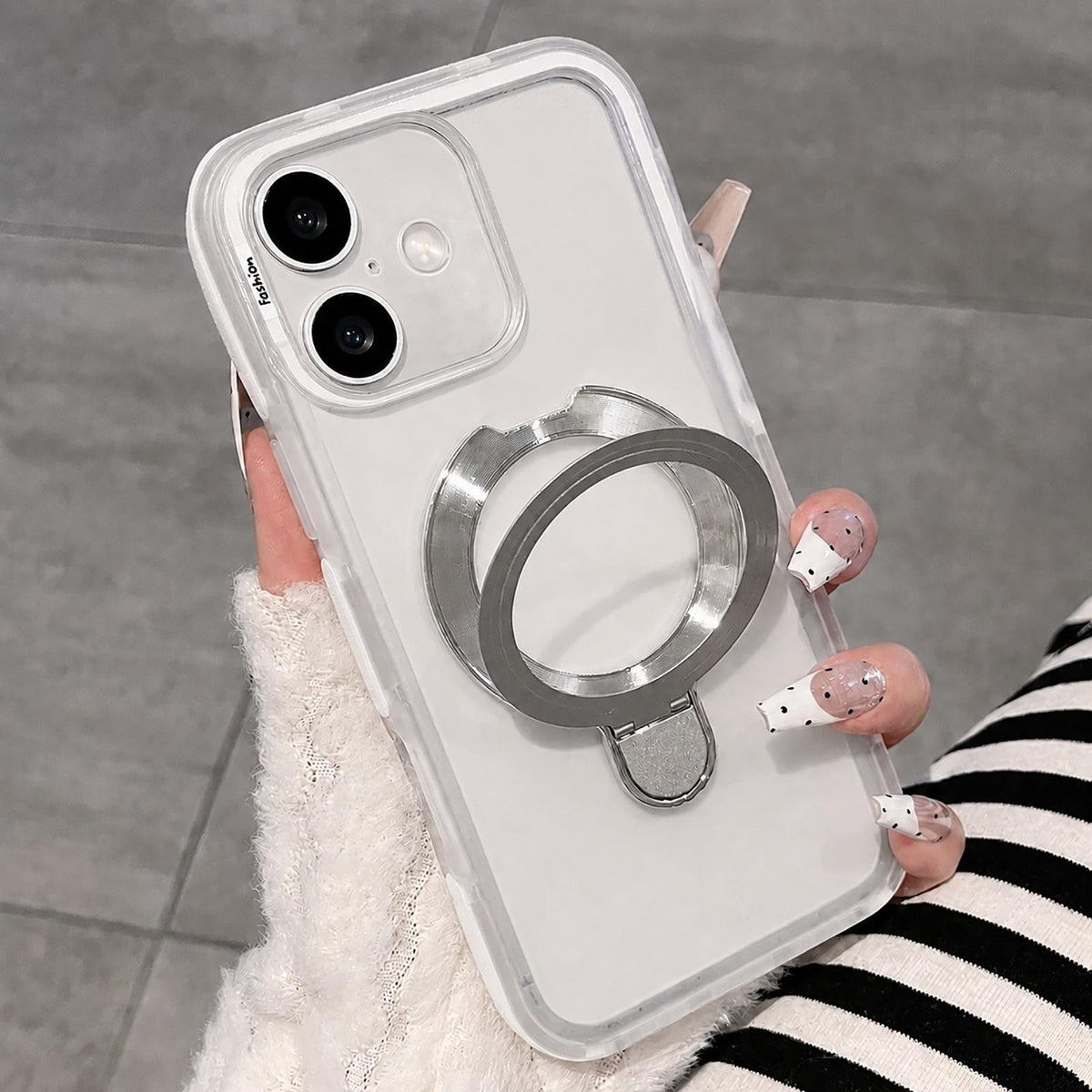 For iPhone 16 Dual-Color Translucent Matte Phone Case with Holder - White - EDA009950106C