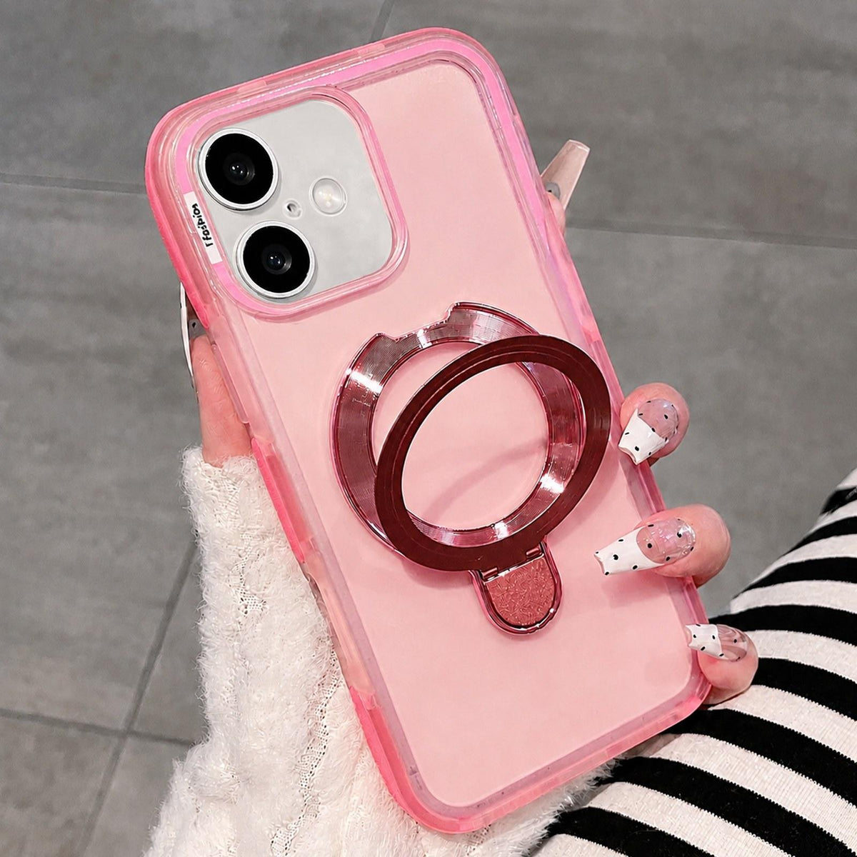 For iPhone 16 Dual-Color Translucent Matte Phone Case with Holder - Pink - EDA009950106D