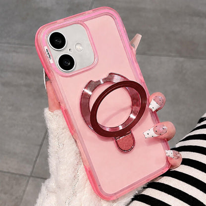 For iPhone 16 Dual-Color Translucent Matte Phone Case with Holder - Pink - EDA009950106D