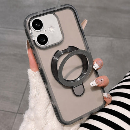 For iPhone 16 Dual-Color Translucent Matte Phone Case with Holder - Black - EDA009950106F