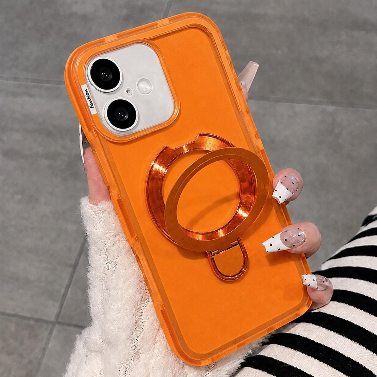 For iPhone 16 Dual-Color Translucent Matte Phone Case with Holder - Orange - EDA009950106G