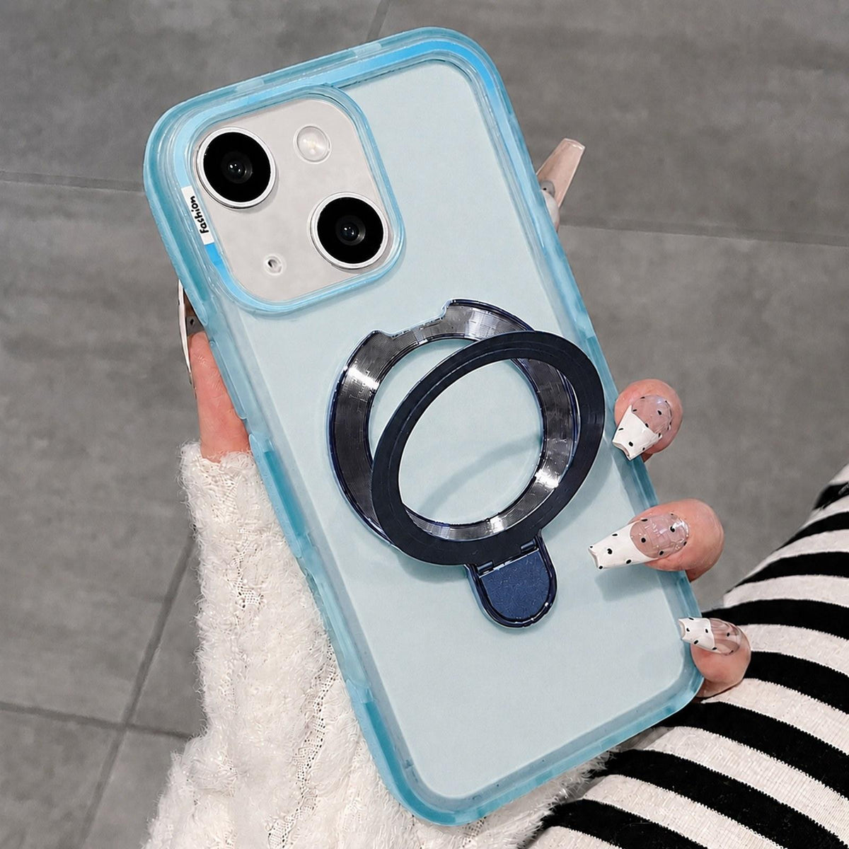For iPhone 15 Dual-Color Translucent Matte Phone Case with Holder - Blue - EDA009950109A
