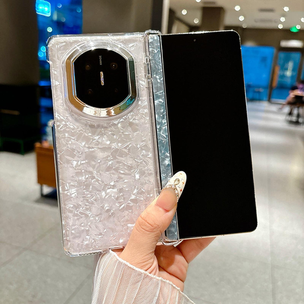 For Huawei Mate X6 Spring Hinge Pearlescent Shell Texture Phone Case - White - EDA009950702C