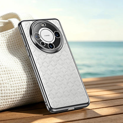 For Huawei Mate 60 Pro Rhombus Texture Magnetic Vegan Leather Phone Case - White - EDA009951202A