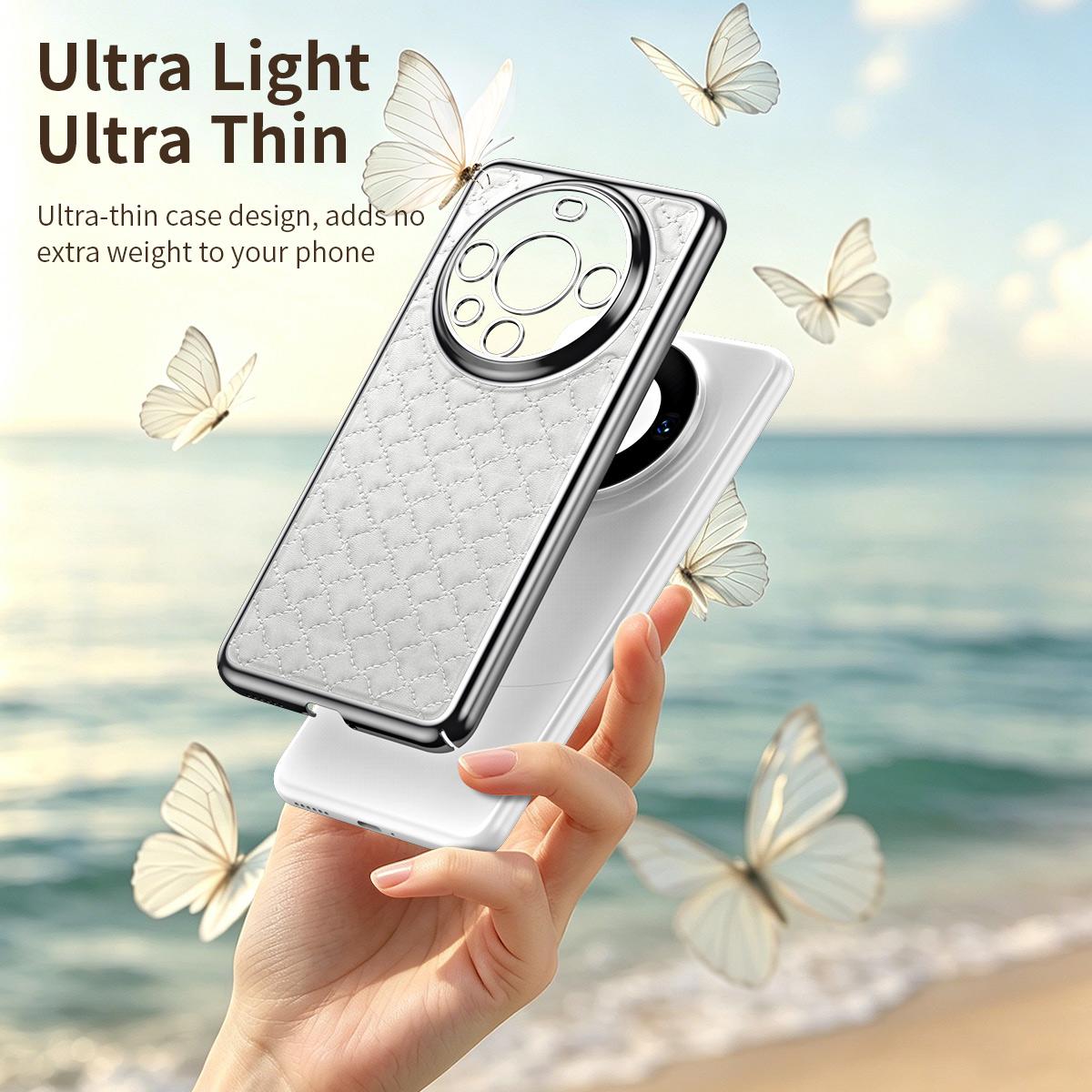 For Huawei Mate 60 Pro Rhombus Texture Magnetic Vegan Leather Phone Case - White - EDA009951202A