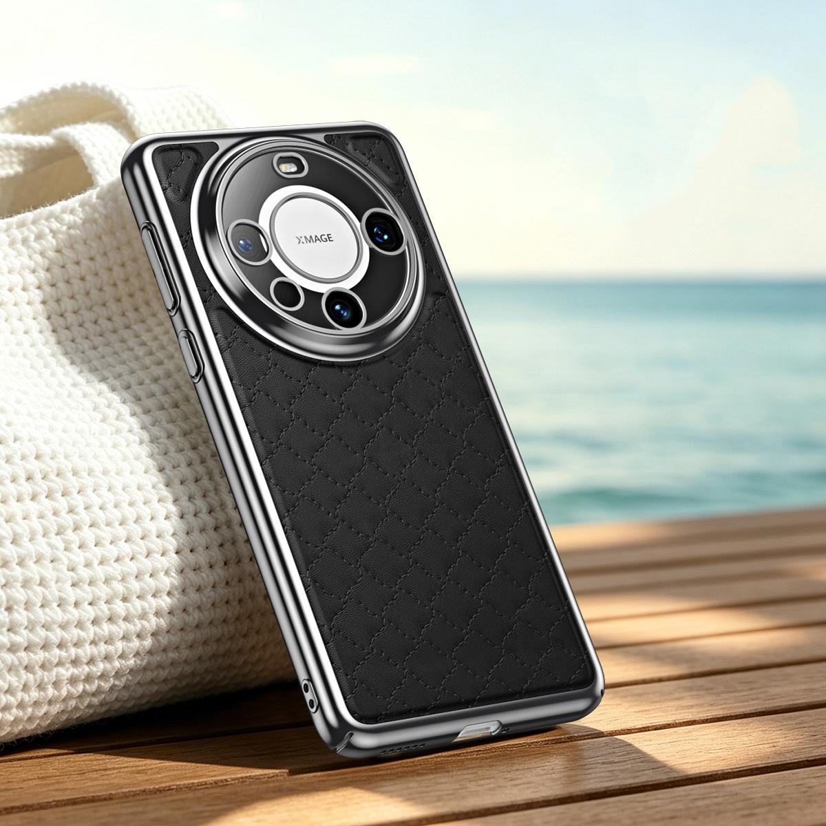 For Huawei Mate 60 Pro Rhombus Texture Magnetic Vegan Leather Phone Case - Black - EDA009951202B