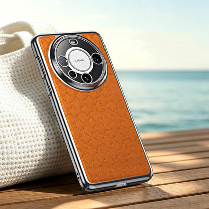 For Huawei Mate 60 Pro Rhombus Texture Magnetic Vegan Leather Phone Case - Orange - EDA009951202D