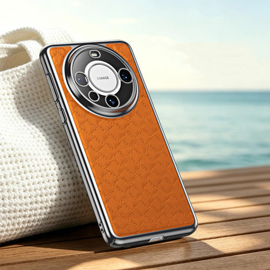 For Huawei Mate 60 Pro Rhombus Texture Magnetic Vegan Leather Phone Case - Orange - EDA009951202D
