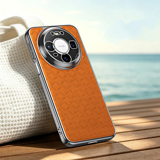 For Huawei Mate 80 Rhombus Texture Magnetic Vegan Leather Phone Case - Orange - EDA009951205D