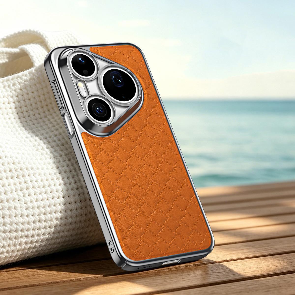 For Huawei Pura 70 Rhombus Texture Magnetic Vegan Leather Phone Case - Orange - EDA009951210D