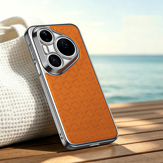 For Huawei Pura 70 Pro Rhombus Texture Magnetic Vegan Leather Phone Case - Orange - EDA009951211D