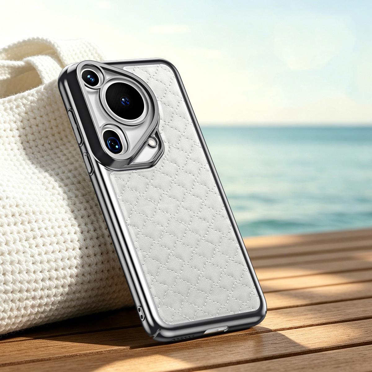 For Huawei Pura 70 Ultra Rhombus Texture Magnetic Vegan Leather Phone Case - White - EDA009951212A