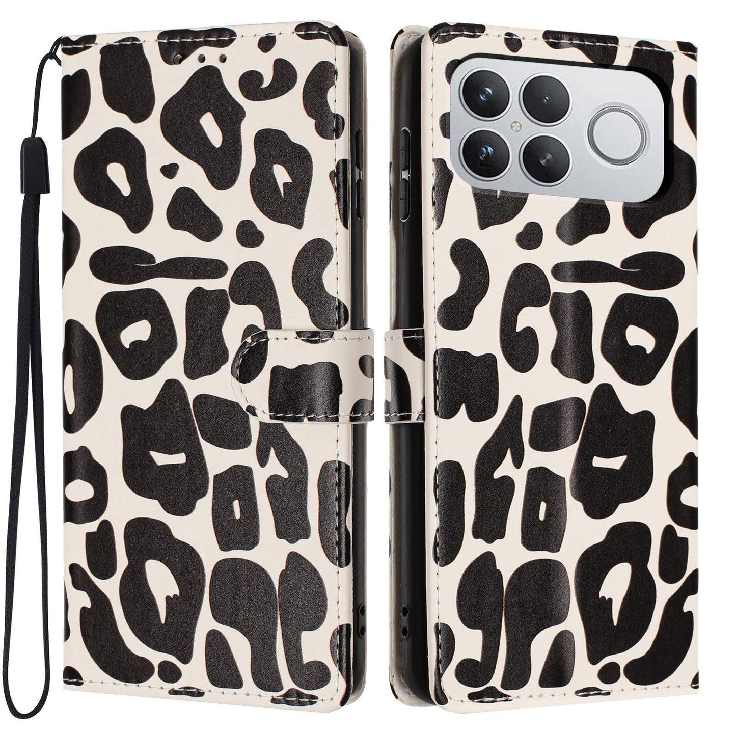 For Redmi K90 Pro Max / Poco F8 Ultra Leopard Print Wallet Vegan Leather Phone Case with Lanyard(Black)
