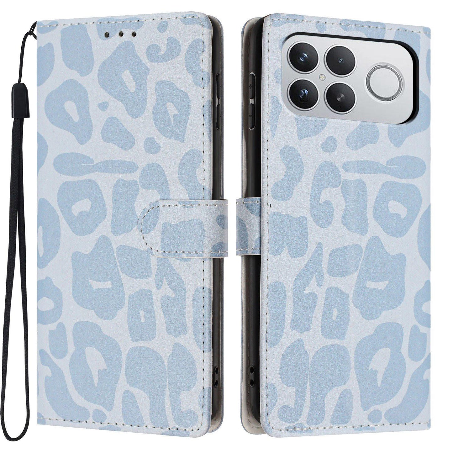 For Redmi K90 Pro Max / Poco F8 Ultra Leopard Print Wallet Vegan Leather Phone Case with Lanyard(Sky Blue)