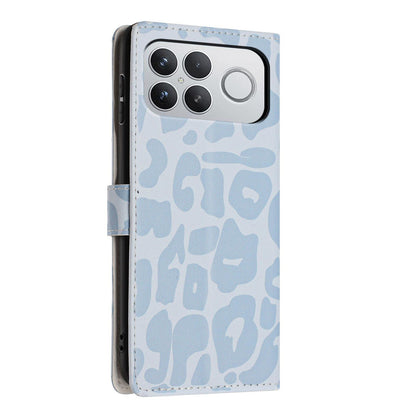 For Redmi K90 Pro Max / Poco F8 Ultra Leopard Print Wallet Vegan Leather Phone Case with Lanyard(Sky Blue)