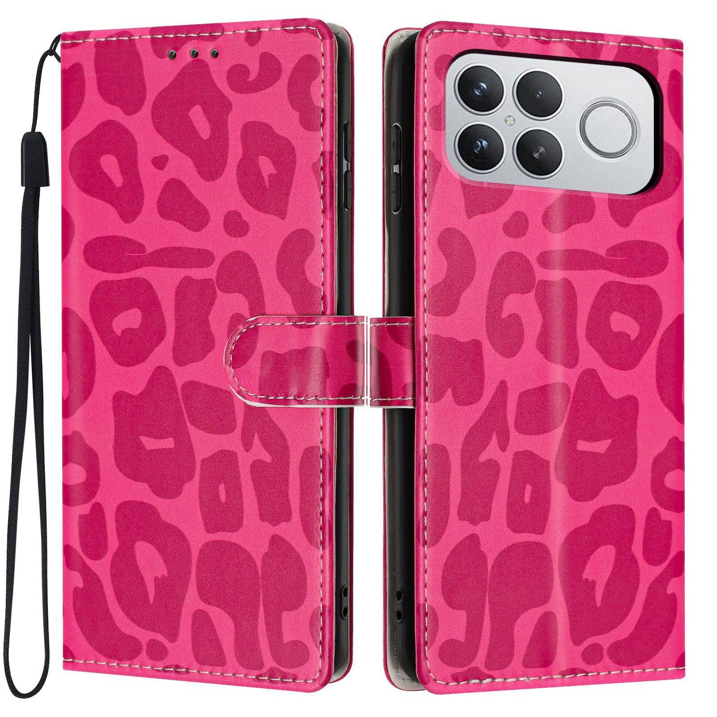 For Redmi K90 Pro Max / Poco F8 Ultra Leopard Print Wallet Vegan Leather Phone Case with Lanyard(Rose Red)