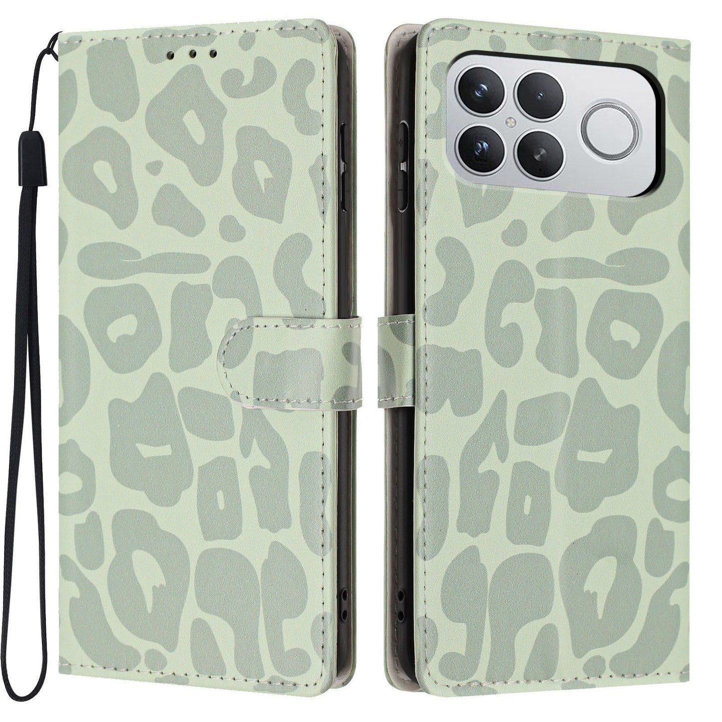 For Redmi K90 Pro Max / Poco F8 Ultra Leopard Print Wallet Vegan Leather Phone Case with Lanyard(Light Green)