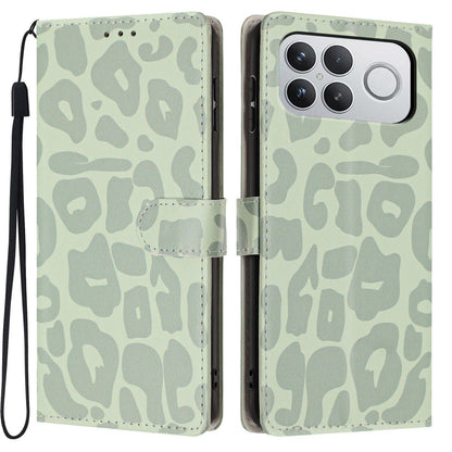 For Redmi K90 Pro Max / Poco F8 Ultra Leopard Print Wallet Vegan Leather Phone Case with Lanyard(Light Green)