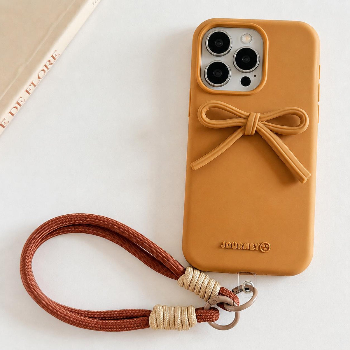 For iPhone 15 Pro Bow TPU hybrid PC Bulge Phone Case with Lanyard - Brown - EDA009958809G