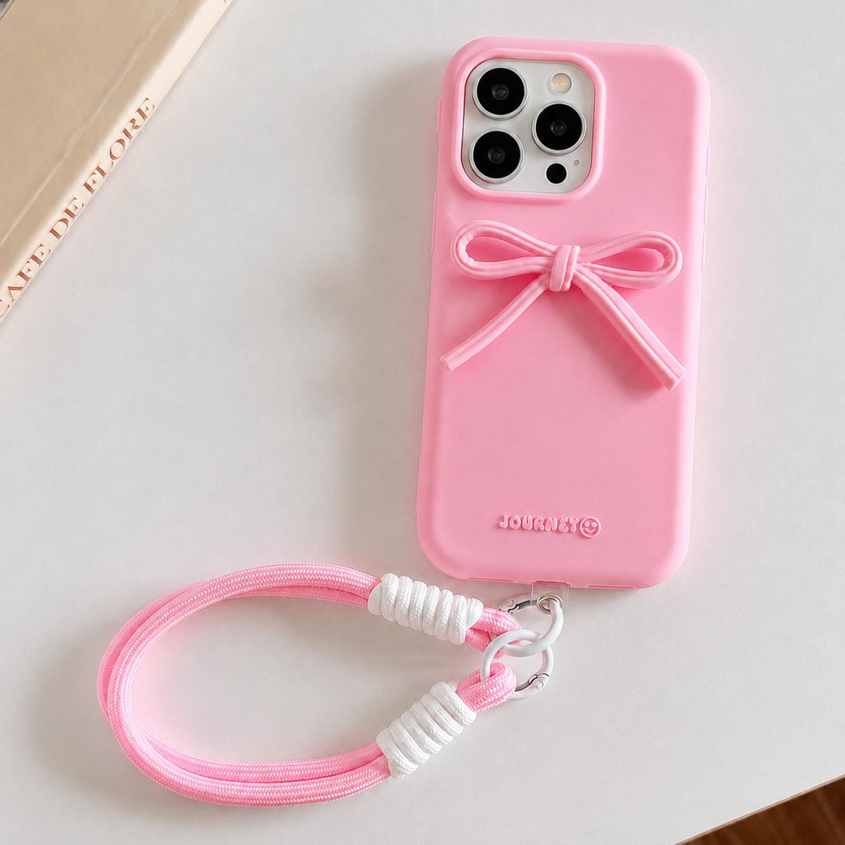 For iPhone 13 Pro Bow TPU hybrid PC Bulge Phone Case with Lanyard - Pink - EDA009958817B