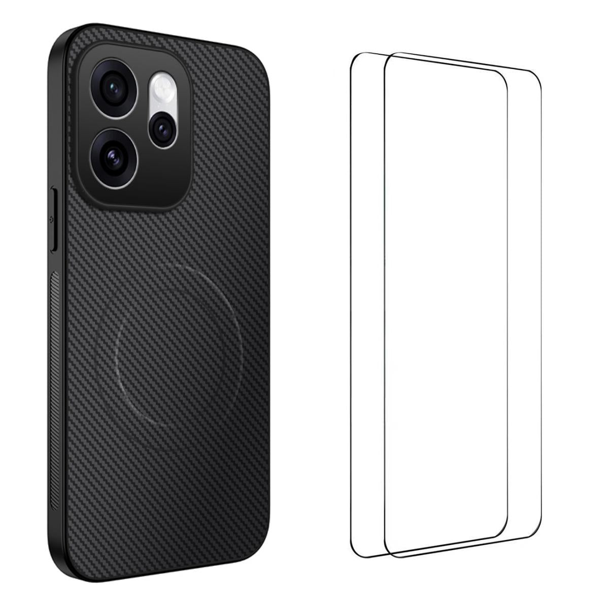 For OPPO Reno16 5G Global WANLONFENG TQ1 Series Magnetic Carbon Fiber Texture Phone Case with 2pcs Screen Films(Black)