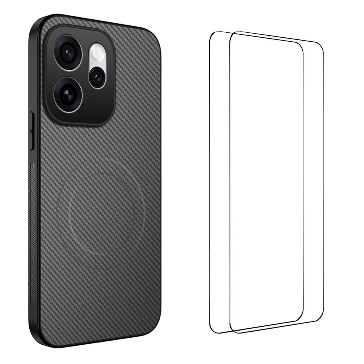 For OPPO Reno16 5G Global WANLONFENG TQ1 Series Magnetic Carbon Fiber Texture Phone Case with 2pcs Screen Films(Grey)