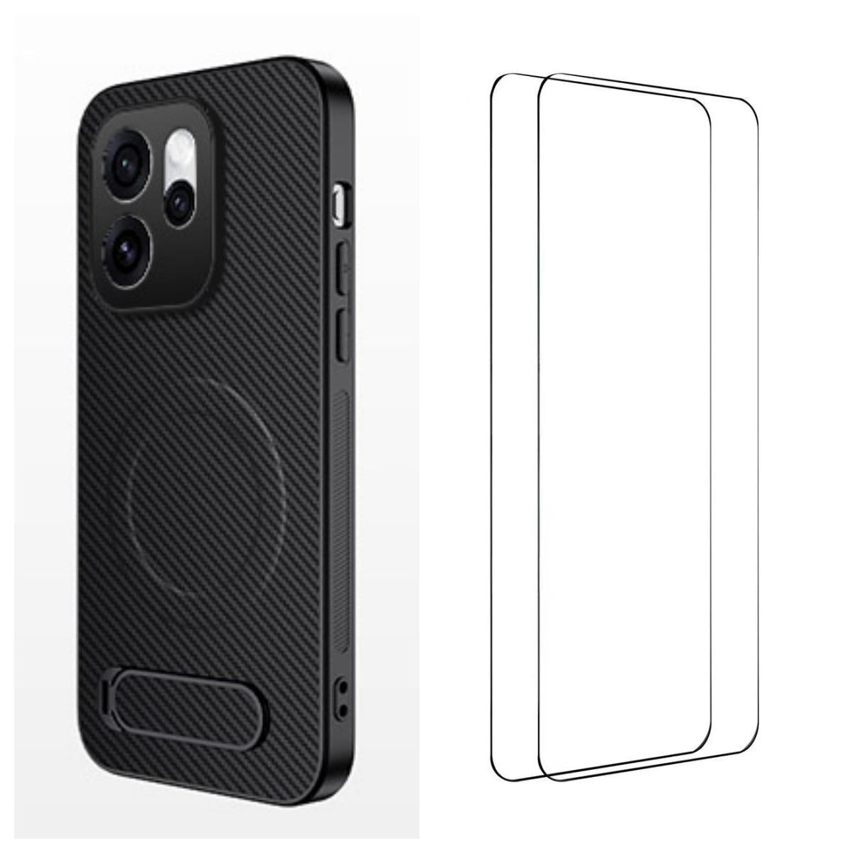 For OPPO Reno16 5G Global WANLONFENG Kickstand Carbon Fiber Texture Magnetic Phone Case with 2pcs Screen Films(Black)