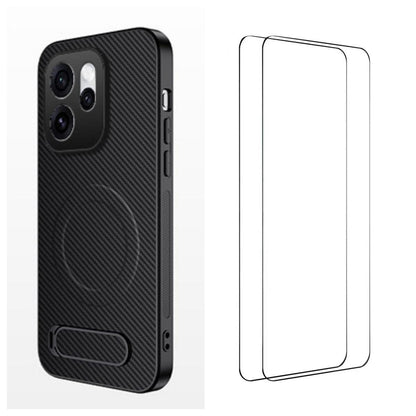 For OPPO Reno16 5G Global WANLONFENG Kickstand Carbon Fiber Texture Magnetic Phone Case with 2pcs Screen Films(Black)