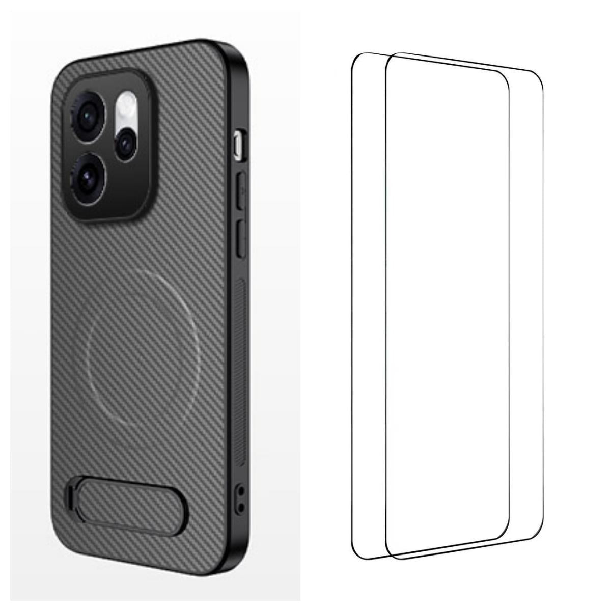 For OPPO Reno16 5G Global WANLONFENG Kickstand Carbon Fiber Texture Magnetic Phone Case with 2pcs Screen Films(Grey)