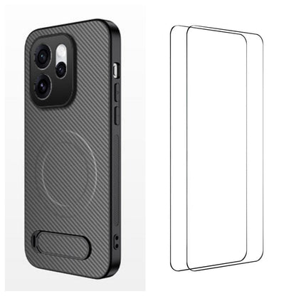 For OPPO Reno16 5G Global WANLONFENG Kickstand Carbon Fiber Texture Magnetic Phone Case with 2pcs Screen Films(Grey)
