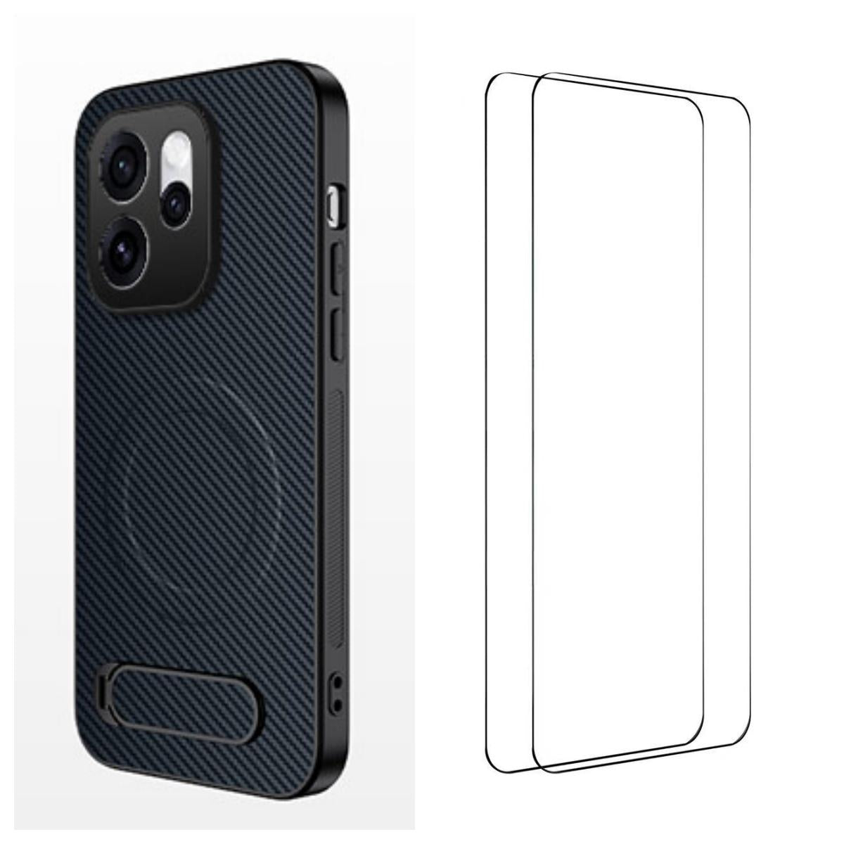 For OPPO Reno16 5G Global WANLONFENG Kickstand Carbon Fiber Texture Magnetic Phone Case with 2pcs Screen Films(Sapphire Blue)