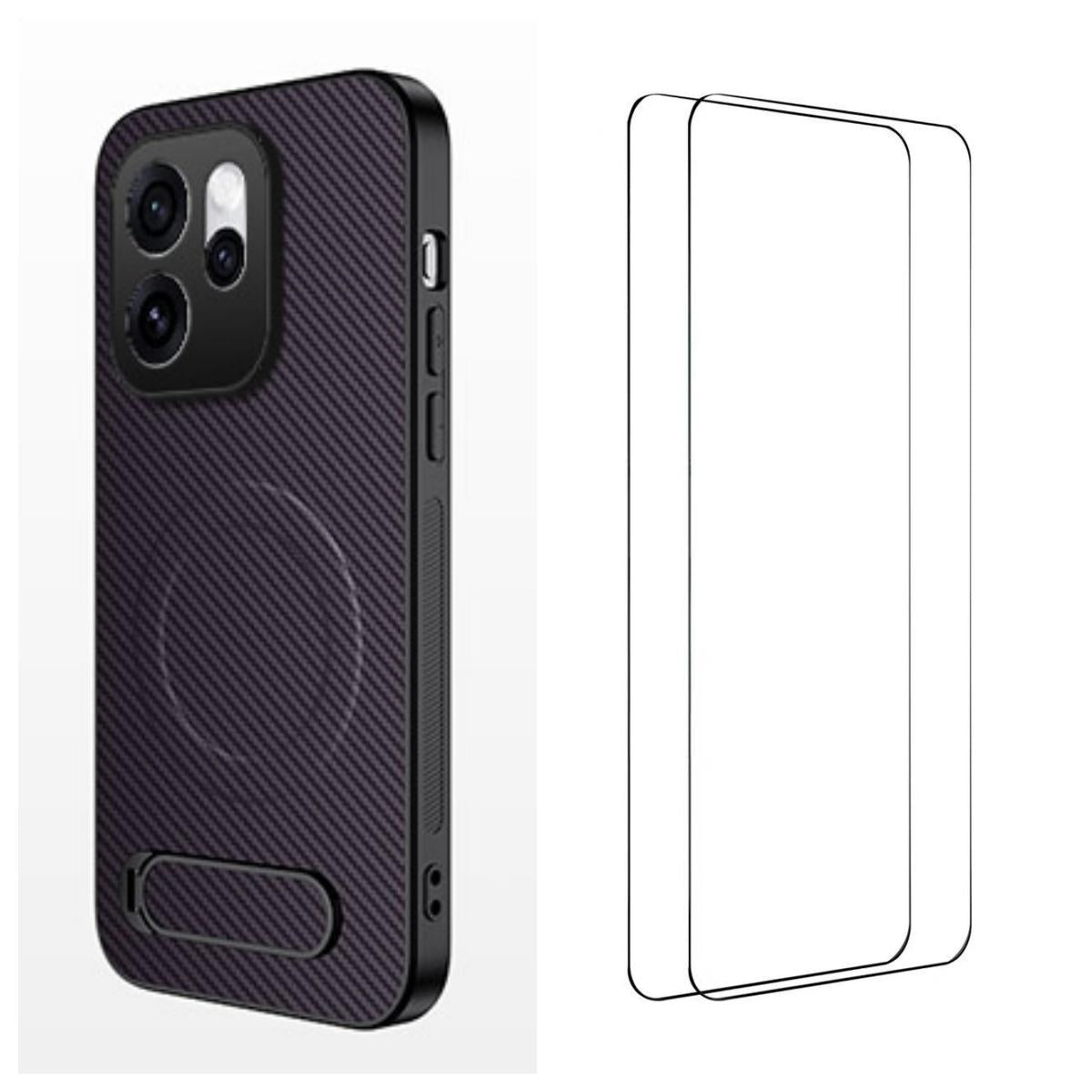 For OPPO Reno16 5G Global WANLONFENG Kickstand Carbon Fiber Texture Magnetic Phone Case with 2pcs Screen Films(Purple)