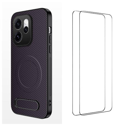For OPPO Reno16 5G Global WANLONFENG Kickstand Carbon Fiber Texture Magnetic Phone Case with 2pcs Screen Films(Purple)