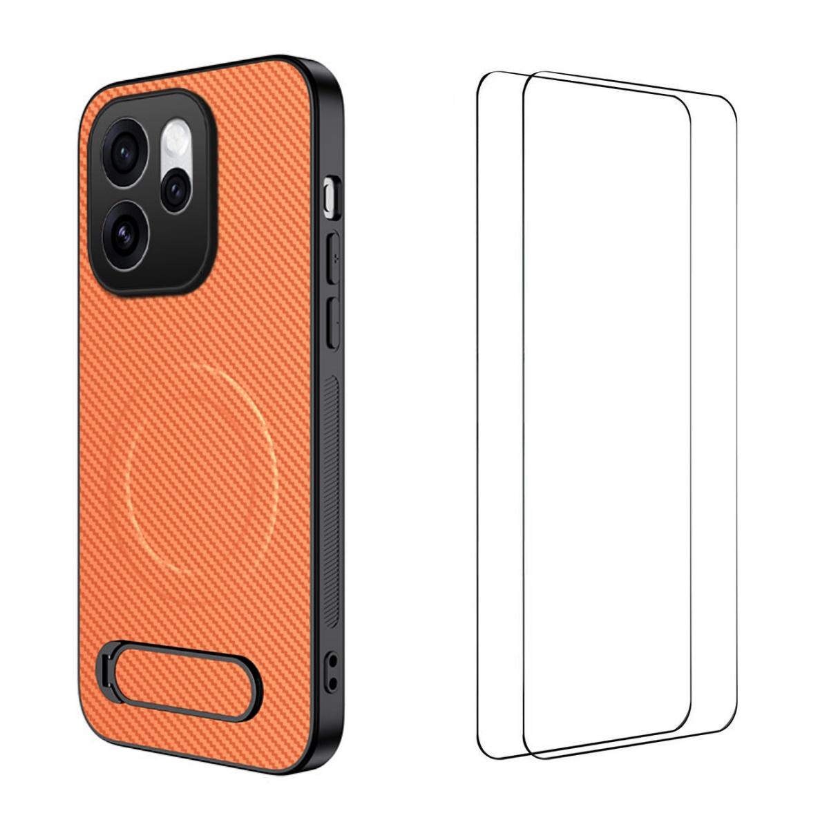 For OPPO Reno16 5G Global WANLONFENG Kickstand Carbon Fiber Texture Magnetic Phone Case with 2pcs Screen Films(Orange)