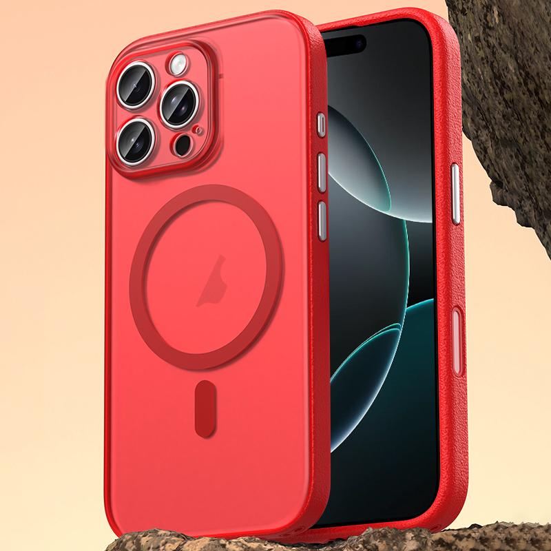 For iPhone 16 Pro Max Vegan Leather Magnetic Phone Case - Berry Red - EDA009963001B
