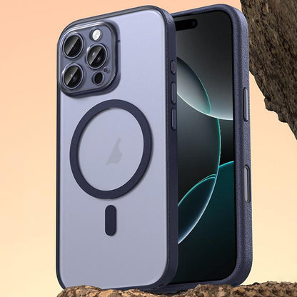 For iPhone 16 Pro Max Vegan Leather Magnetic Phone Case - Deep Sea Blue - EDA009963001D