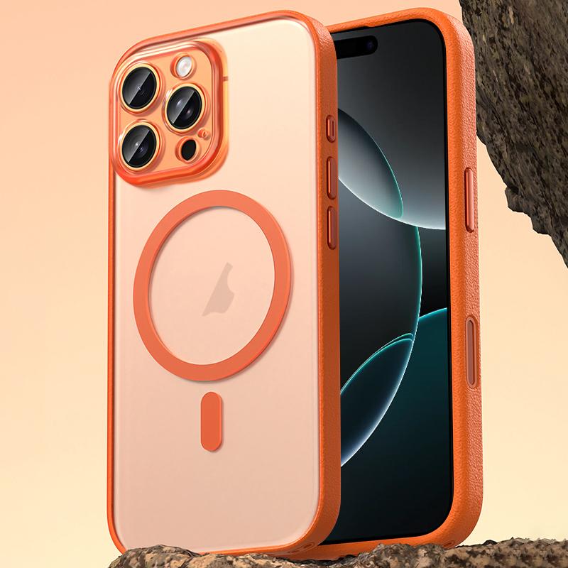 For iPhone 16 Pro Vegan Leather Magnetic Phone Case - Orange - EDA009963002A