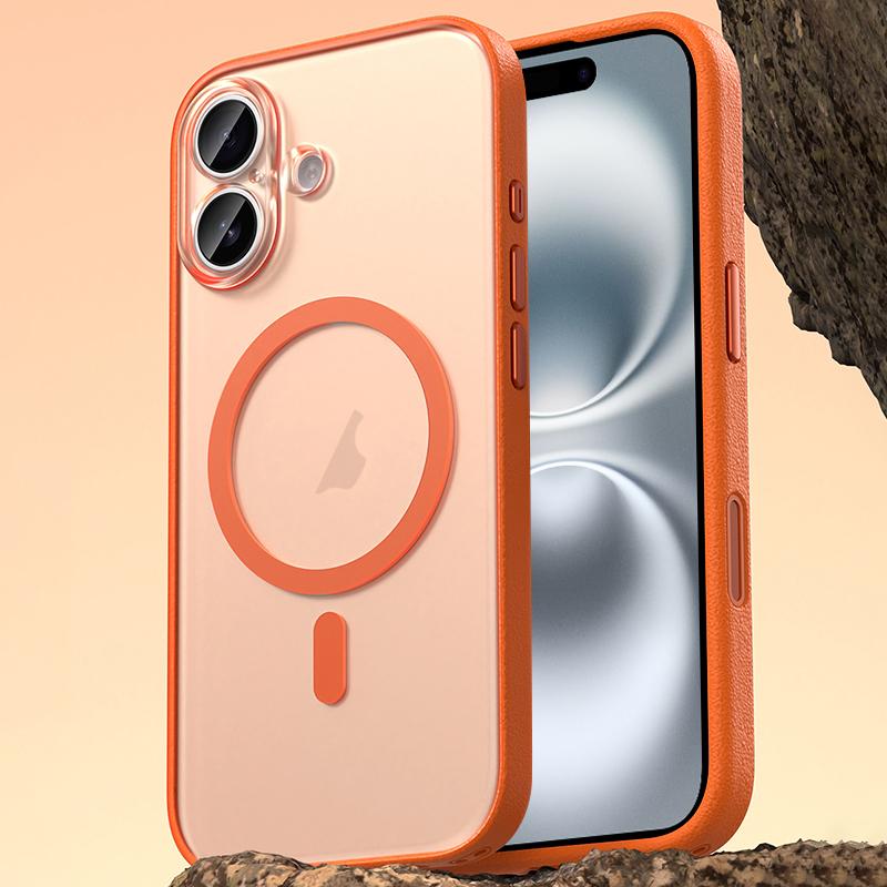 For iPhone 16 Vegan Leather Magnetic Phone Case - Orange - EDA009963003A