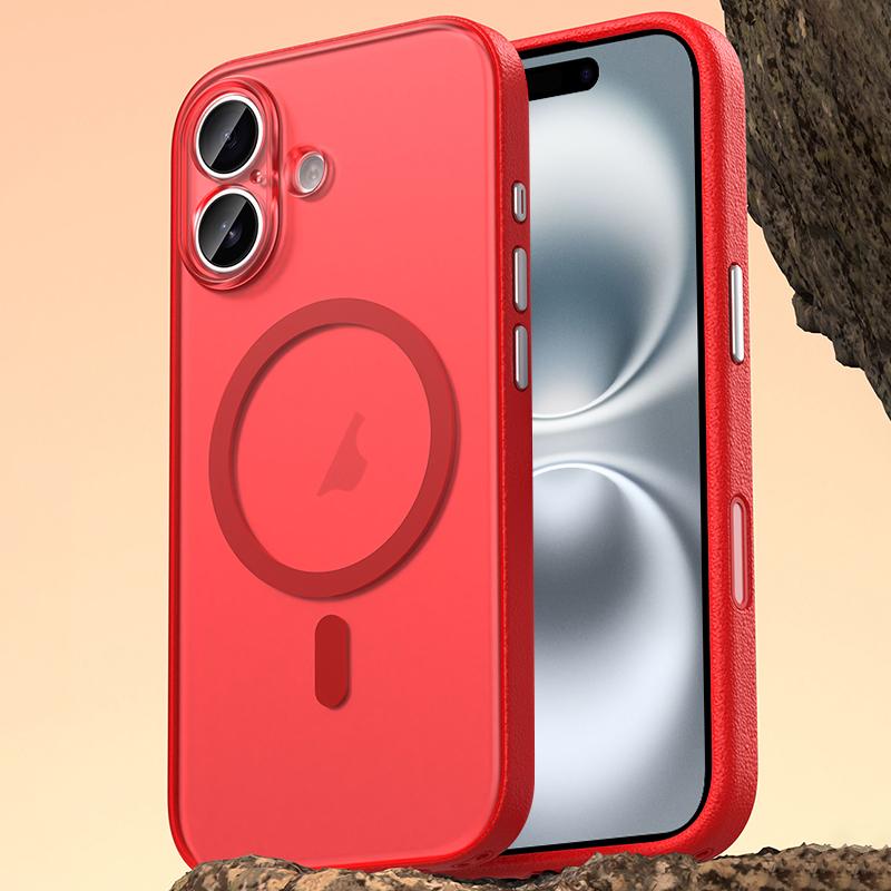 For iPhone 16 Vegan Leather Magnetic Phone Case - Berry Red - EDA009963003B