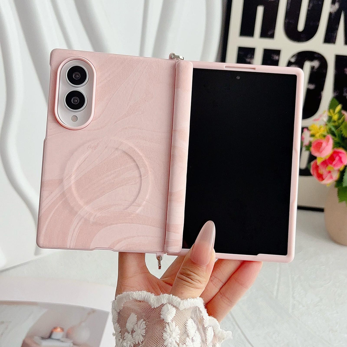 For Galaxy Z Fold8 5G Side Clamp Central Axis Wave Texture Phone Case with Magnetic Ring - Pink - EDA009965101A