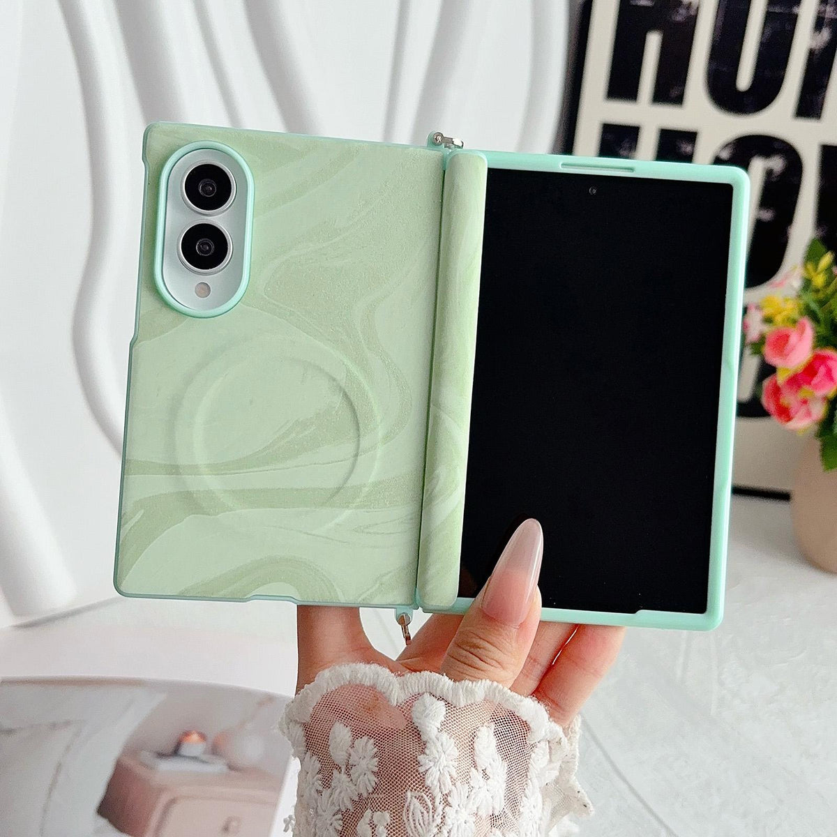 For Galaxy Z Fold8 5G Side Clamp Central Axis Wave Texture Phone Case with Magnetic Ring - Green - EDA009965101B