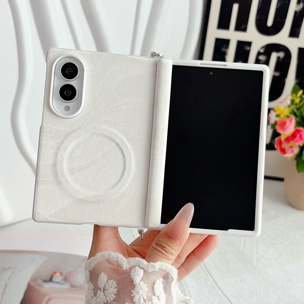For Galaxy Z Fold8 5G Side Clamp Central Axis Wave Texture Phone Case with Magnetic Ring - White - EDA009965101C