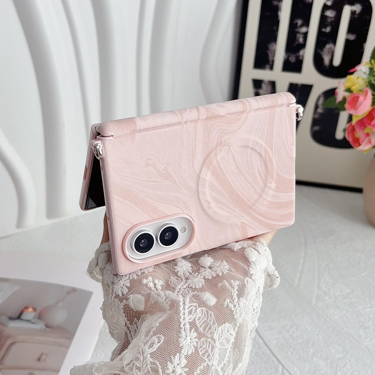 For Galaxy Z Fold8 5G Side Clamp Central Axis Wave Texture Phone Case with Magnetic Ring - White - EDA009965101C