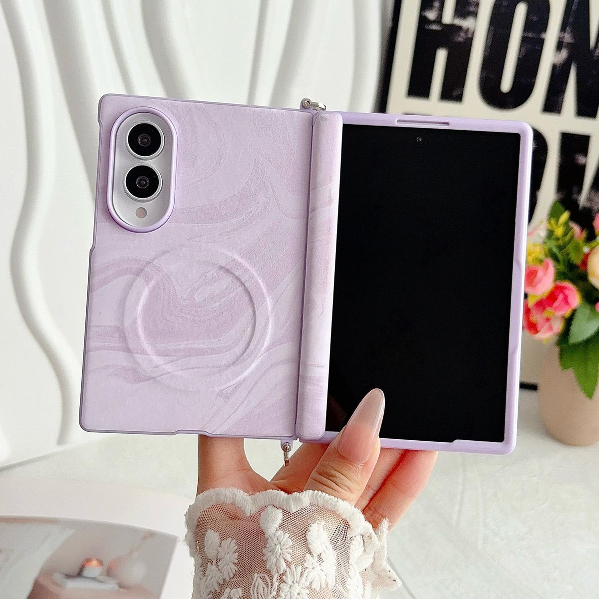 For Galaxy Z Fold8 5G Side Clamp Central Axis Wave Texture Phone Case with Magnetic Ring - Purple - EDA009965101D